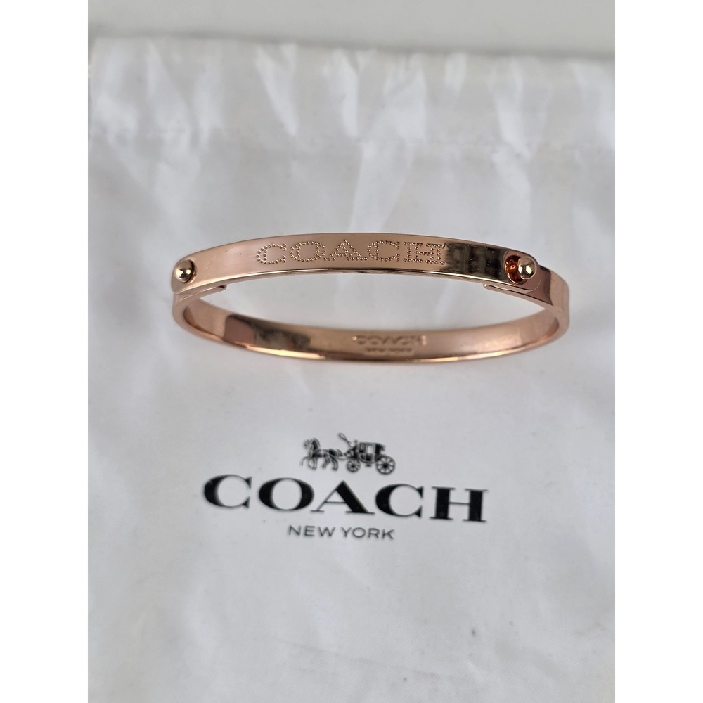 Coach Rose Gold Tone Bangle Bracelet Engraved Logo with Dust Bag